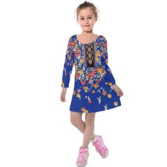 Blue Autumn Leaves Pattern Girls Long Sleeve Velvet Dress