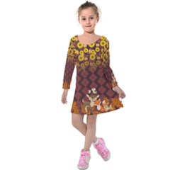 Yellow & Maroon Cute Autumn Animals Kids  Long Sleeve Velvet Dress