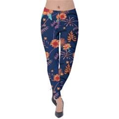 Dark Blue Sunflower Pattern Velvet Leggings