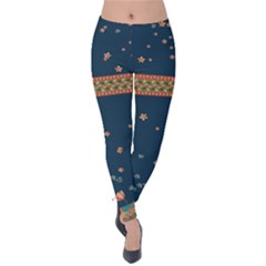 Dark Steel Blue Autumn Floral Pattern Velvet Leggings