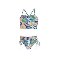 Peach & Dark Blue Easter Eggs Prints Kids Girls  Tankini Swimsuit by CoolDesigns