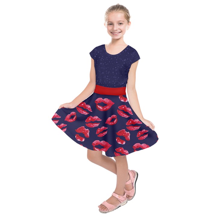 Dark Purple Blue Kiss Lips Pattern Short Sleeve Dress