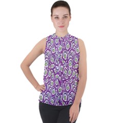 Funny Bacterias Drawing Motif Random Pattern Mock Neck Chiffon Sleeveless Top