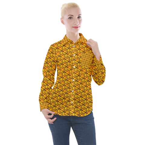 Pixel Art Mushroom Pattern Women s Long Sleeve Pocket Shirt by ExtraGoodSauce