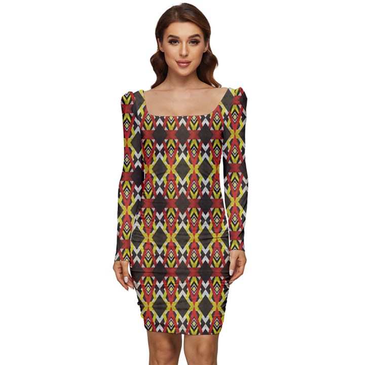 Colorful Geometric Pattern Design Women Long Sleeve Ruched Stretch Jersey Dress