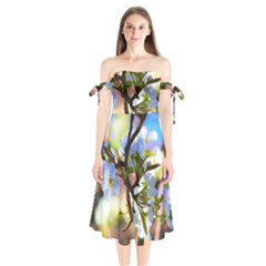 Springtime Pear Tree Blossoms Shoulder Tie Bardot Midi Dress by ExtraAwesomeSauce