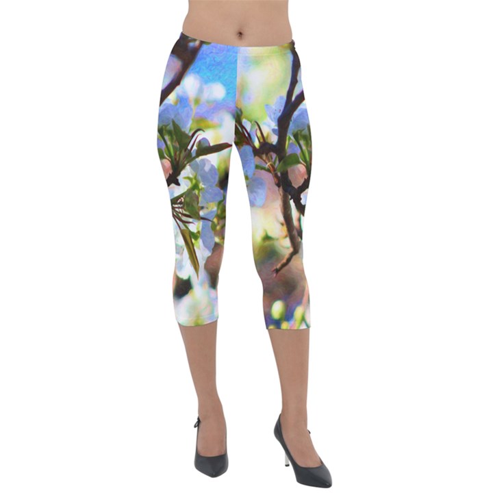 Springtime Pear Tree Blossoms Lightweight Velour Capri Leggings 