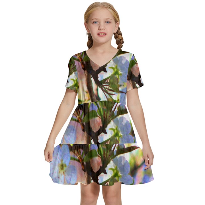 Springtime Pear Tree Blossoms Kids  Short Sleeve Tiered Mini Dress