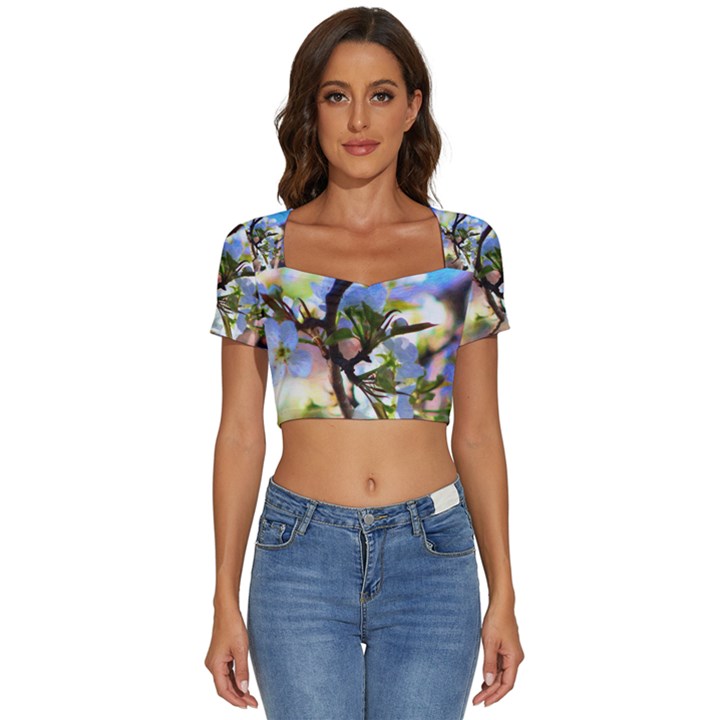 Springtime Pear Tree Blossoms Short Sleeve Square Neckline Crop Top 