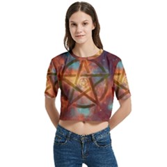 Enchanted Nebula Pentagram Art Women s Round Neck Short Sleeve Crop Top