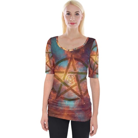 Enchanted Nebula Pentagram Art Wide Neckline T-shirt by ExtraGoodSauce