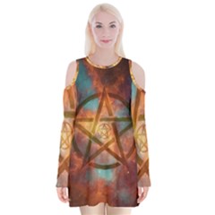 Enchanted Nebula Pentagram Art Velvet Long Sleeve Shoulder Cutout Dress