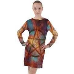 Enchanted Nebula Pentagram Art Long Sleeve Hoodie Dress