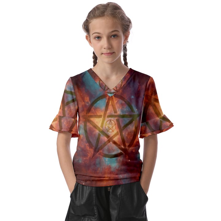 Enchanted Nebula Pentagram Art Kids  V-Neck Horn Sleeve Blouse