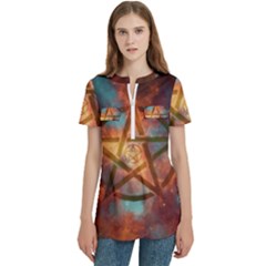 Enchanted Nebula Pentagram Art Women s Zip Front V-neck Short Sleeve Casual Top Pocket Shirt