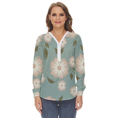 Flora Floral Flower Flowers Pattern Zip Up Long Sleeve Blouse by Apenda