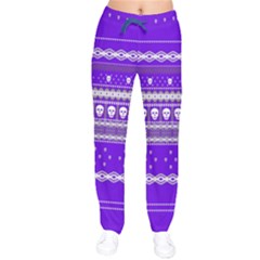 White Aztec Skulls Blue Violet Stretchy Women Velvet Drawstring Pants