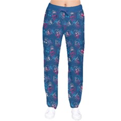 Dark Steel Blue Skulls Print Women Velvet Drawstring Pants by CoolDesigns