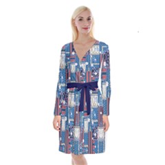 Summer Floral Blue Long Sleeve Velvet Front Wrap Dress by CoolDesigns