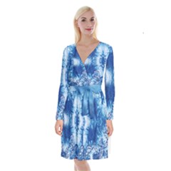 Tie Dye Blue Chrysanthemum Flowy Long Sleeve Velvet Front Wrap Dress by CoolDesigns