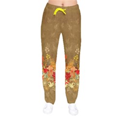 Olive Autumn Leaves Warm Leaf Women Velvet Drawstring Pants