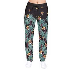 Bohemian Black Palm Trees Velvet Drawstring Pants