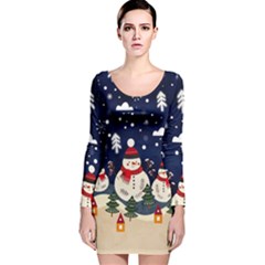 Dark Blue & Tan Cool Xmas Santa Snowman Comfy Long Sleeve Velvet Bodycon Dress