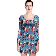 Cool Santa Light Blue Musical Print Long Sleeve Velvet Bodycon Dress