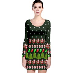 Snowflakes Dark Green Holiday Theme Long Sleeve Velvet Bodycon Dress