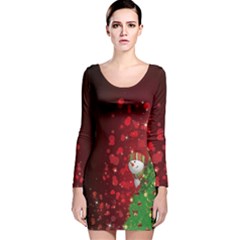 Vintage Xmas Snowman Red Ornaments Long Long Sleeve Velvet Bodycon Dress