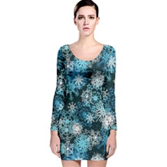 Snowflakes Dark Cyan Christmas Night Stretch Long Sleeve Velvet Bodycon Dress