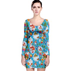 Deep Sky Blue Happy Holiday Xmas Prints Long Sleeve Velvet Bodycon Dress