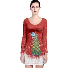 Snowflakes Red Vintage Xmas Tree Long Sleeve Velvet Bodycon Dress