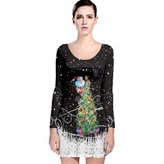 Snowflakes Black Vintage Xmas Tree Long Sleeve Velvet Bodycon Dress