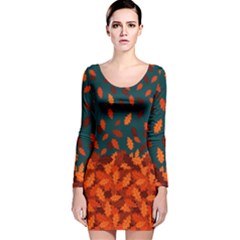 Dark Cyan Fall Autumn Orange Leaves Long Sleeve Velvet Bodycon Dress