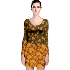 Dark Olive Fall Autumn Leafs Pumpkins Long Sleeve Velvet Bodycon Dress