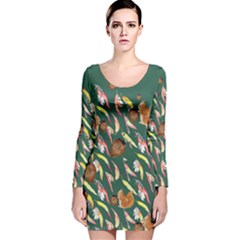 Green Feathers And Squirrels Long Sleeve Velvet Bodycon Dress