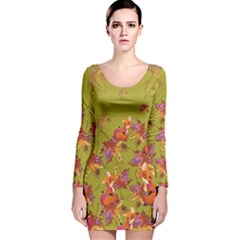 Yellow Green Woodland Fox Long Sleeve Velvet Bodycon Dress