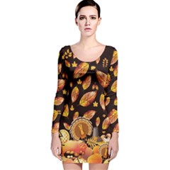 Brown Autumn Leaves Turkey Day Prints Long Sleeve Velvet Bodycon Dress