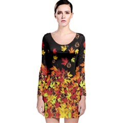 Black Autumn Maple Leaves Seeds Long Sleeve Velvet Bodycon Dress