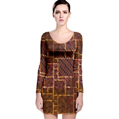 Shine Dark Brown Hand Drawn Autumn Leaves Long Sleeve Velvet Bodycon Dress