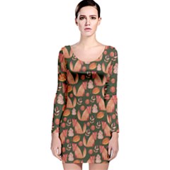 Sea Green Fox Pattern Fall Autumn Leaves Long Sleeve Velvet Bodycon Dress