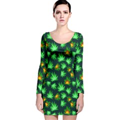 Cannabis Neon Green Marijuana Leaves Long Sleeve Velvet Bodycon Dress