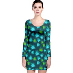 Falling Marijuana Dark Cyan Marijuana Badges With Marijuana Leaves Long Sleeve Velvet Bodycon Dress