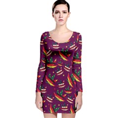 Marijuana Badges Dark Magenta Marijuana Leaves Long Sleeve Velvet Bodycon Dress