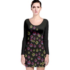 Black Marijuana Leaves Long Sleeve Velvet Bodycon Dress