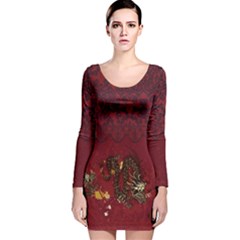 Dragon Maroon Chinese Pattern Long Sleeve Velvet Bodycon Dress