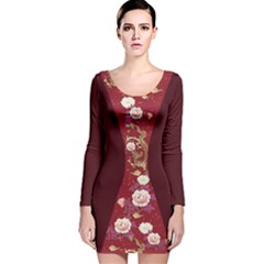 Floral Slim Dark Maroon Chinese Dragon Print Long Sleeve Velvet Bodycon Dress