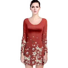 Traditional Geometric Flowers Red Long Sleeve Velvet Bodycon Dress