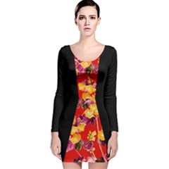 Polka Dots Black Spring Flowers Long Sleeve Velvet Bodycon Dress